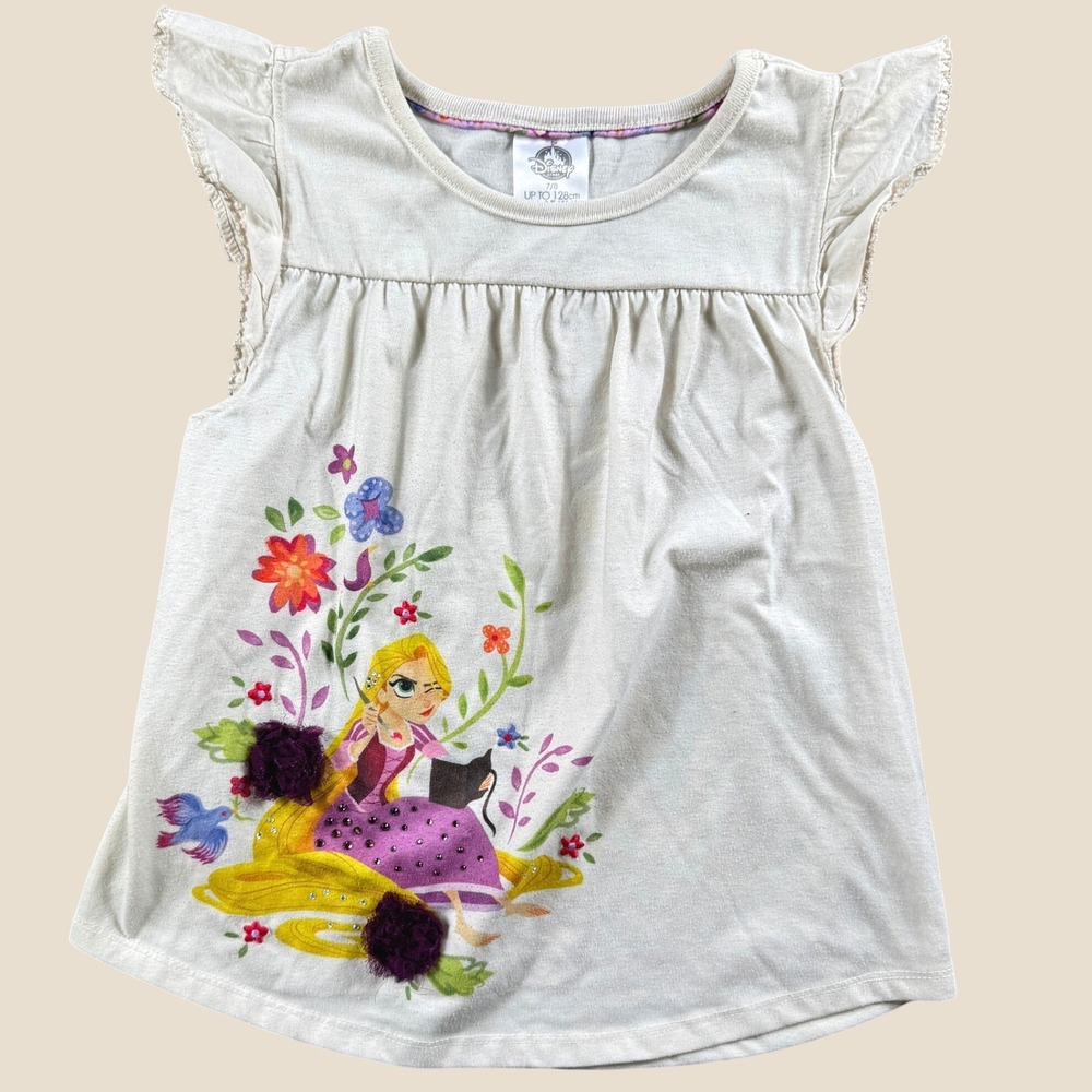 Disney Rapunzel Top Youth 7/8 Cream Tangled Flutter Sleeve Graphic Tee Princess